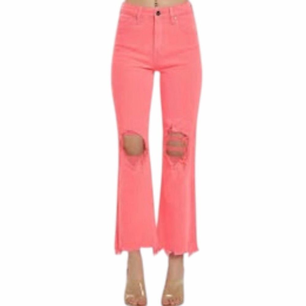 RISEN Women’s Neon Coral High Rise Distressed Flare Jeans Size 5 / 27